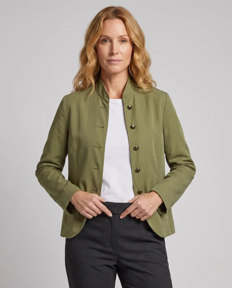 Damen Cropped Militärjacke mit Stehkragen, dekorativer doppelter Knopfleiste und Klapptaschen Nord Taschen