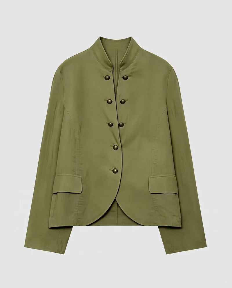 Damen Cropped Militärjacke mit Stehkragen, dekorativer doppelter Knopfleiste und Klapptaschen Nord Taschen