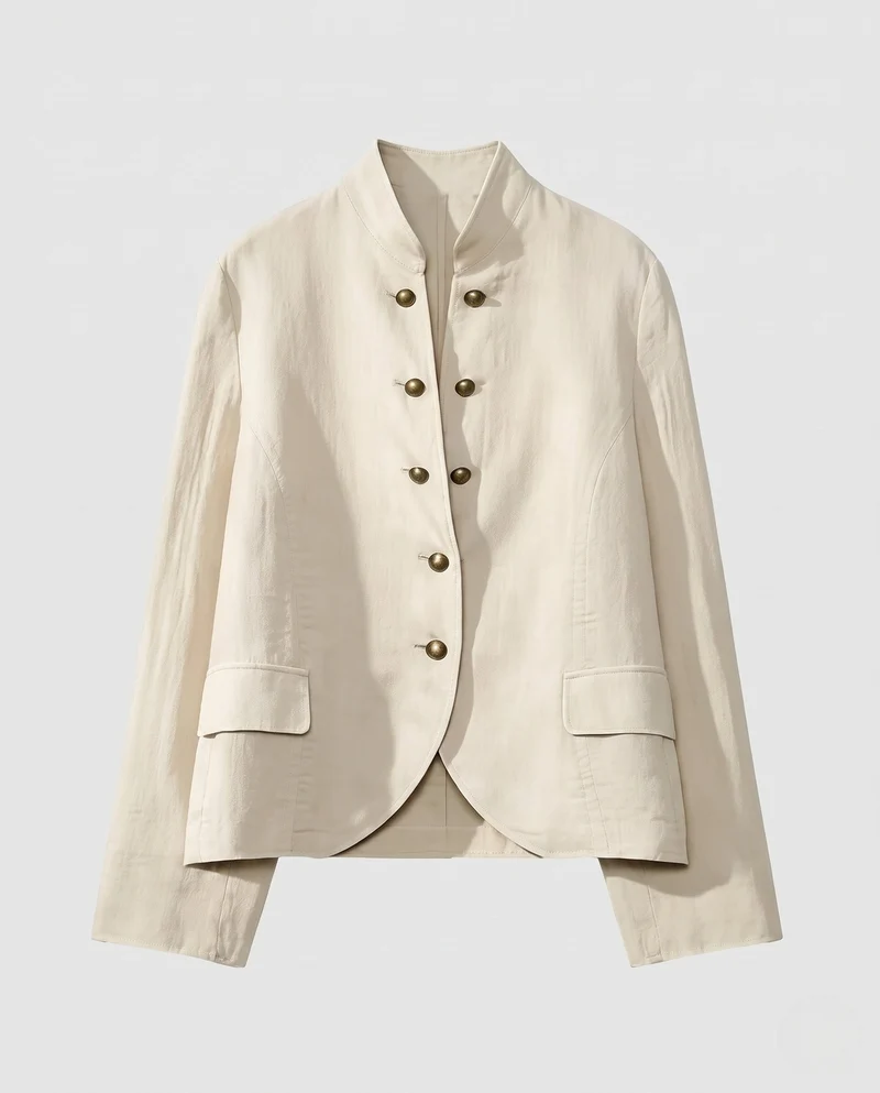 Damen Cropped Militärjacke mit Stehkragen, dekorativer doppelter Knopfleiste und Klapptaschen Nord Taschen