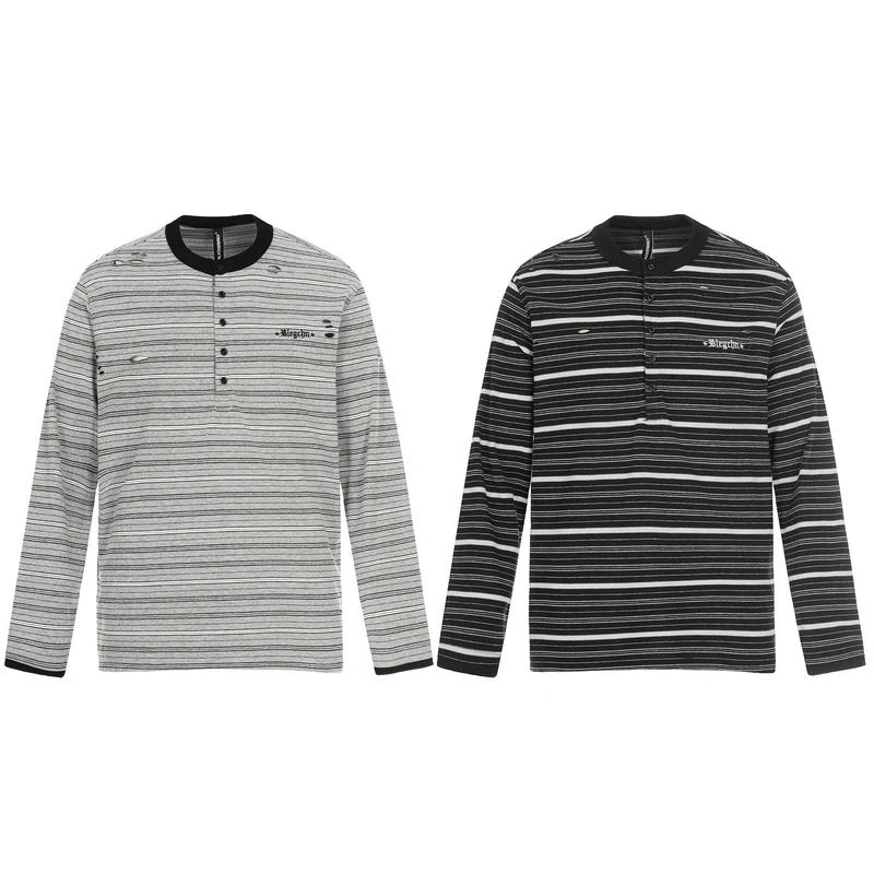 Herren Langarm-Henleyshirt mit Streifenmuster und Distressed-Details Nord Taschen