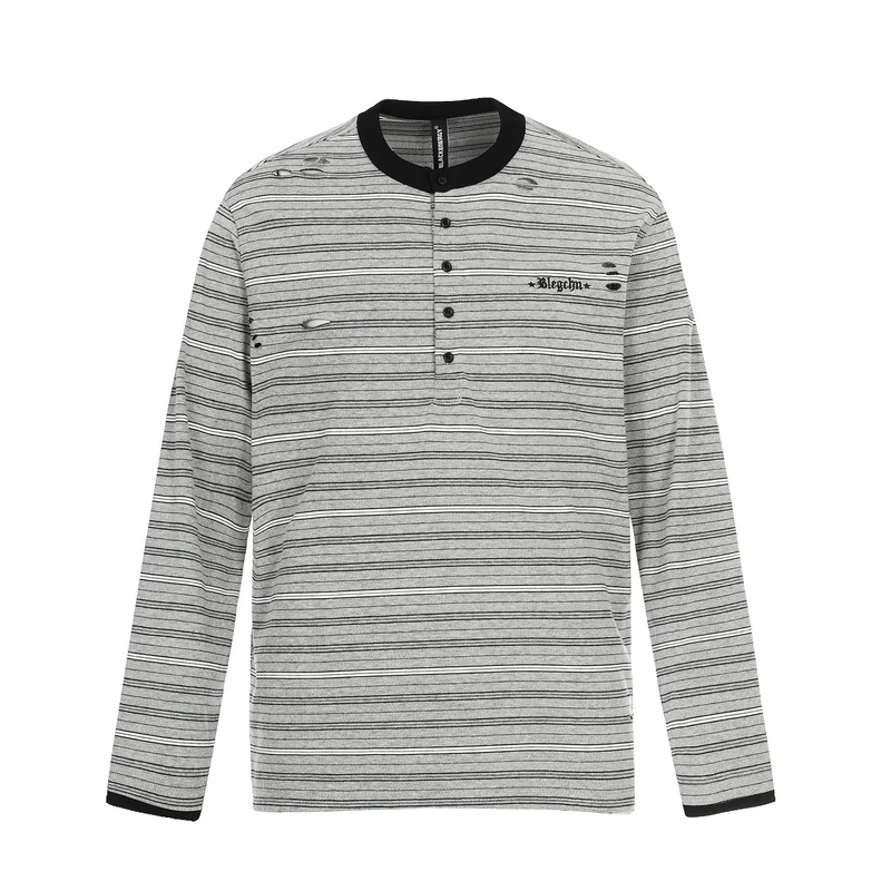 Herren Langarm-Henleyshirt mit Streifenmuster und Distressed-Details Nord Taschen