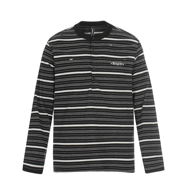 Herren Langarm-Henleyshirt mit Streifenmuster und Distressed-Details Nord Taschen