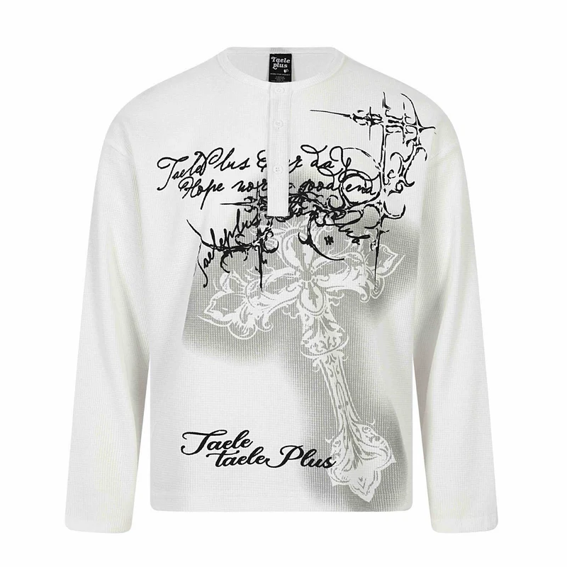 Herren Langarm-Henleyshirt mit Waffelstruktur, Knopfleiste und großflächigem Grafikprint Nord Taschen