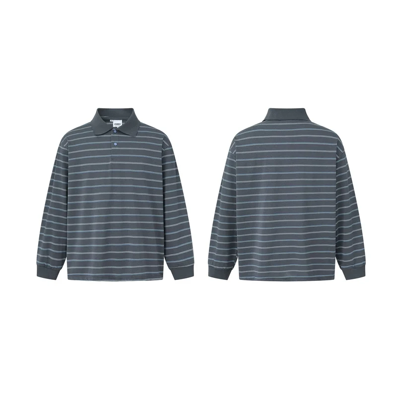 Herren Langarm-Poloshirt im Oversize‑Schnitt mit feinen Streifen und Rippkragen Nord Taschen