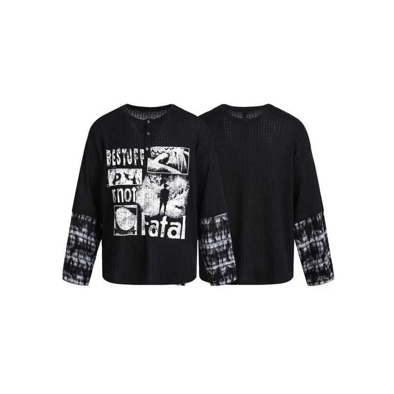 Herren Langarm-Rippstrick-Shirt mit Henley-Knopfleiste und kontrastierendem Grafikprint Nord Taschen