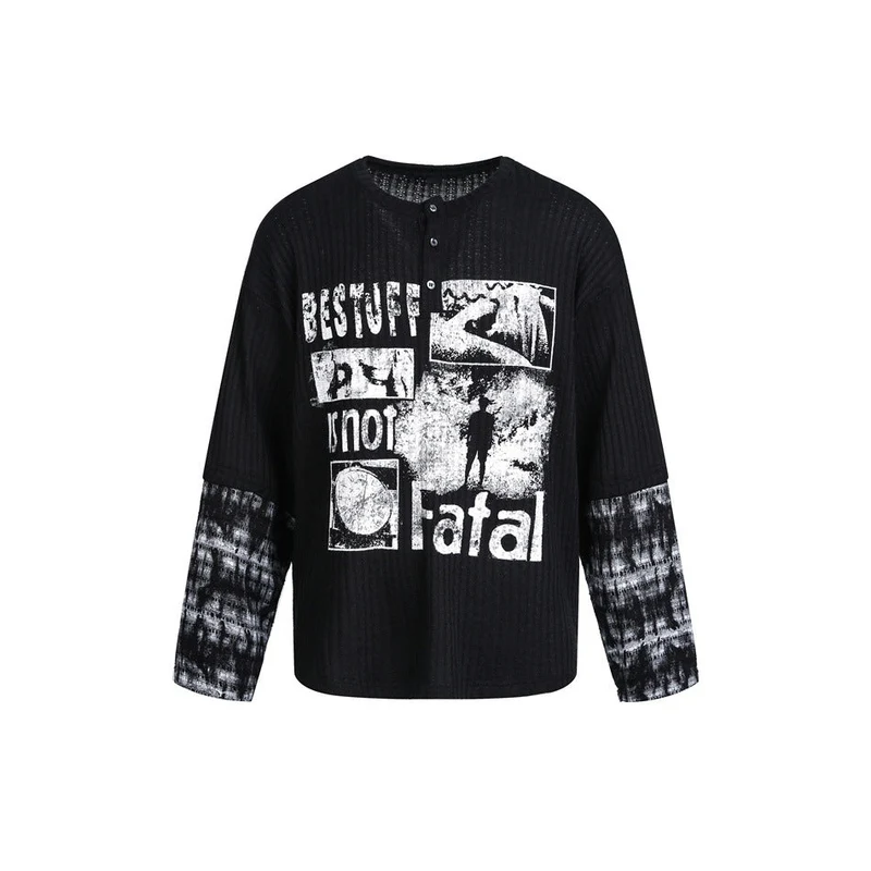 Herren Langarm-Rippstrick-Shirt mit Henley-Knopfleiste und kontrastierendem Grafikprint Nord Taschen