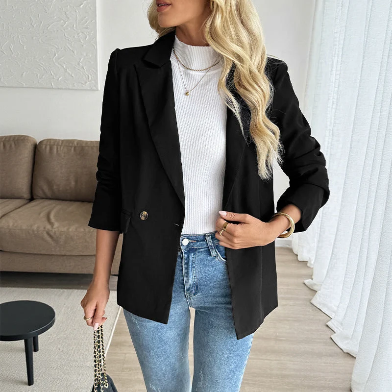 Damen Figurschmeichelnder Longblazer mit eingesetztem Knopf, gerollten Ärmeln und Pattentaschen Nord Taschen
