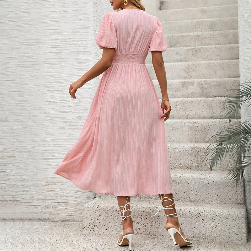 Damen Figurumschmeichelndes Midikleid mit Rippstruktur, Puffärmeln und V‑Ausschnitt Nord Taschen