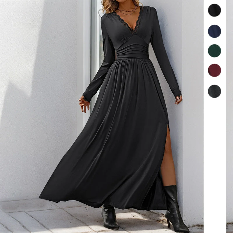 Damen Fließendes Maxikleid mit Spitzen‑V‑Ausschnitt, Wickel‑Taille und Seitenschlitz Nord Taschen