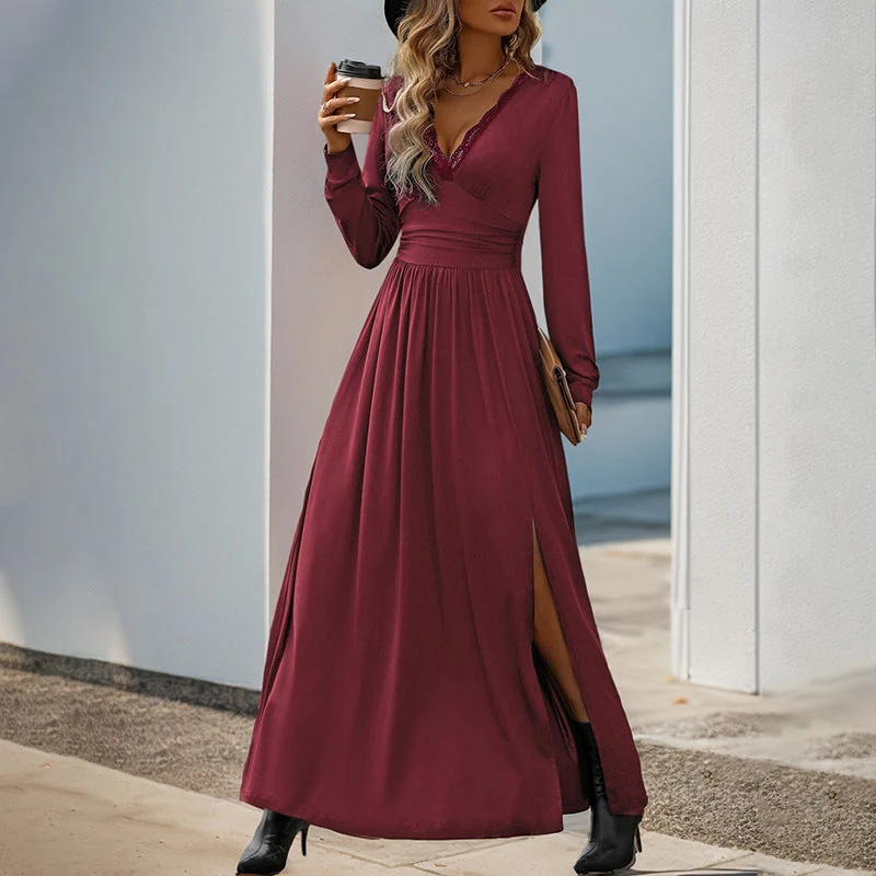 Damen Fließendes Maxikleid mit Spitzen‑V‑Ausschnitt, Wickel‑Taille und Seitenschlitz Nord Taschen