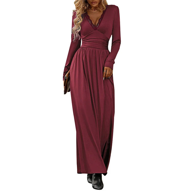 Damen Fließendes Maxikleid mit Spitzen‑V‑Ausschnitt, Wickel‑Taille und Seitenschlitz Nord Taschen