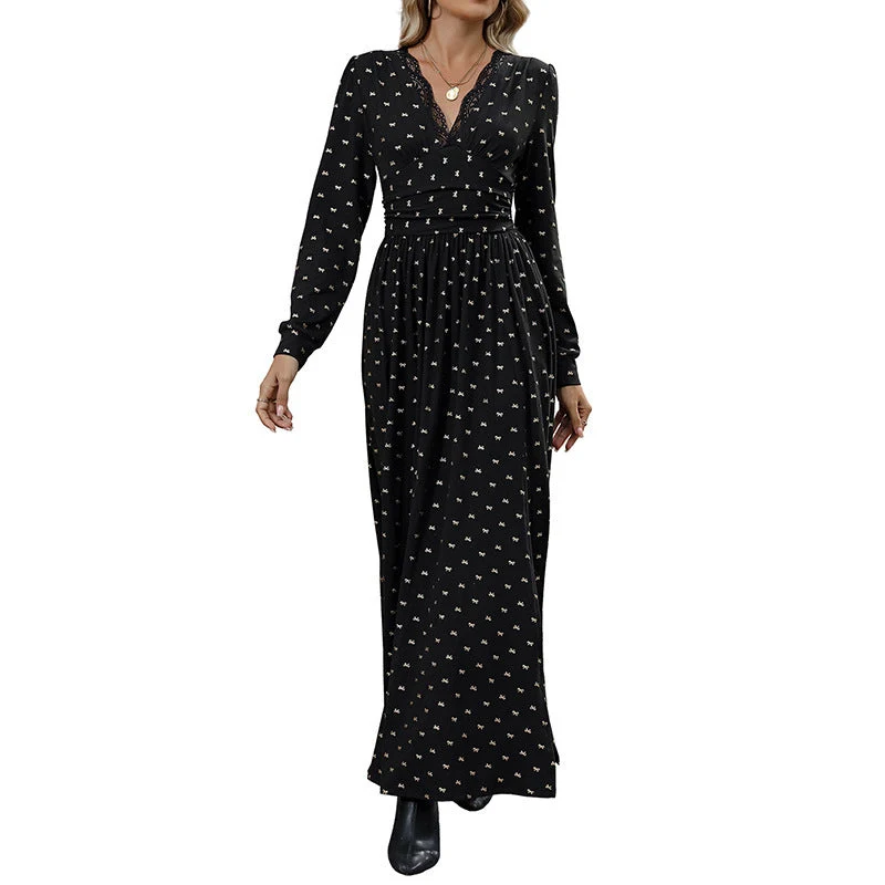 Damen Fließendes Maxikleid mit V‑Ausschnitt, Spitzenbesatz und taillierter Wickeloptik Nord Taschen