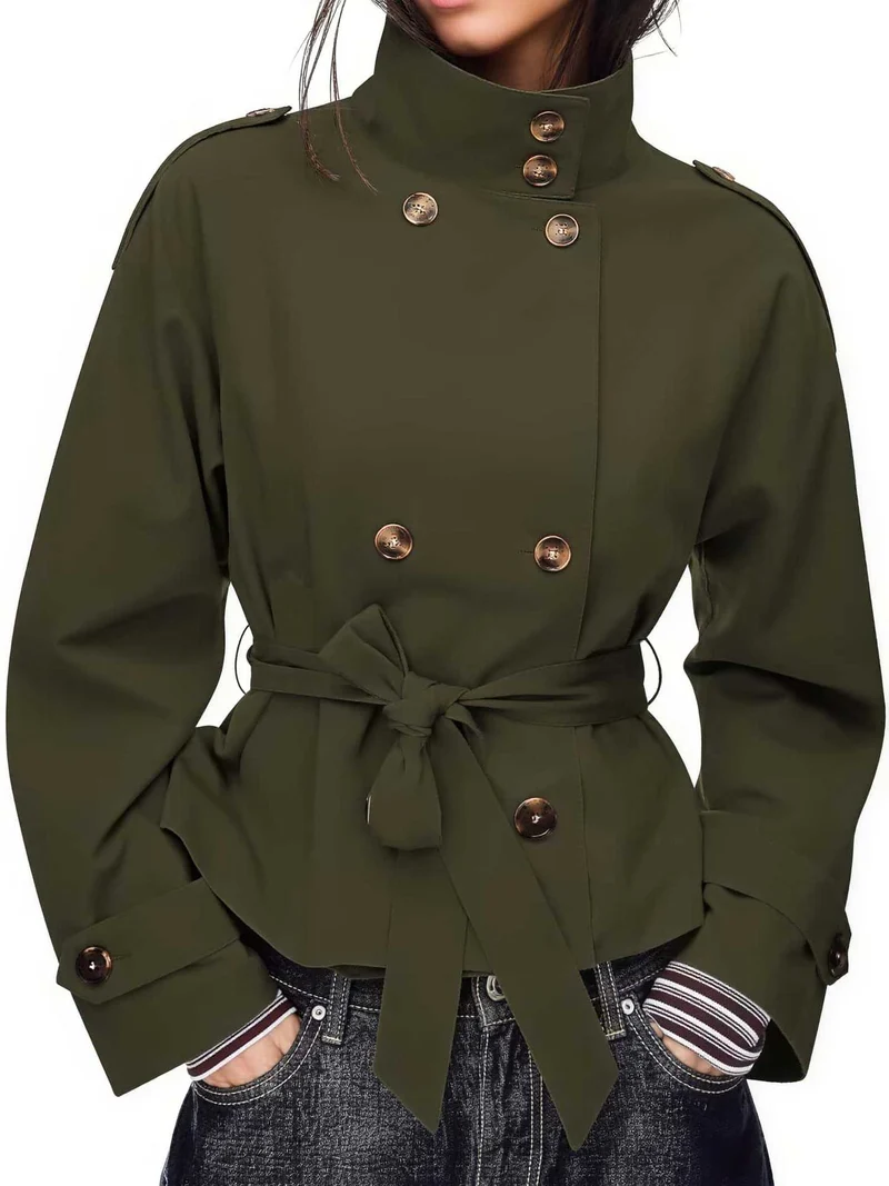 Damen Kurztrench mit Doppelreiher, Taillengürtel und Stehkragen Nord Taschen
