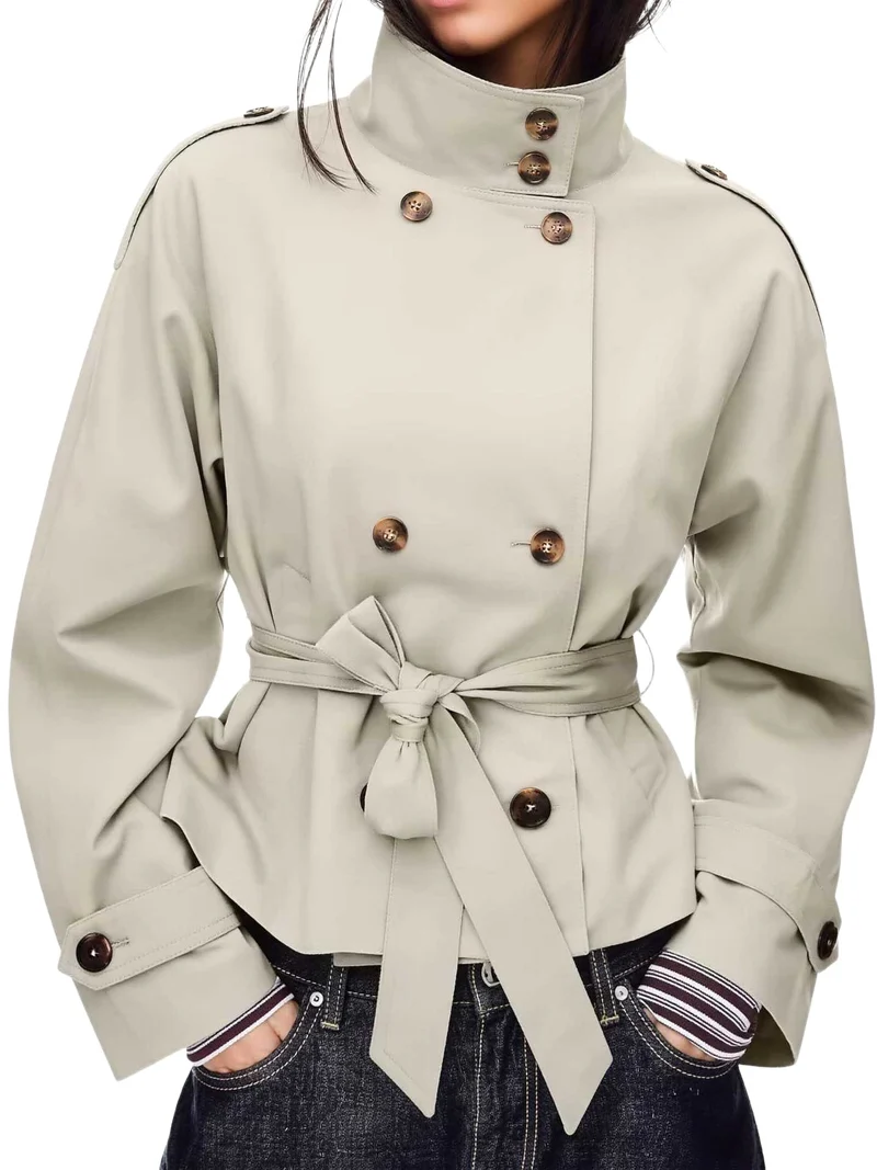 Damen Kurztrench mit Doppelreiher, Taillengürtel und Stehkragen Nord Taschen