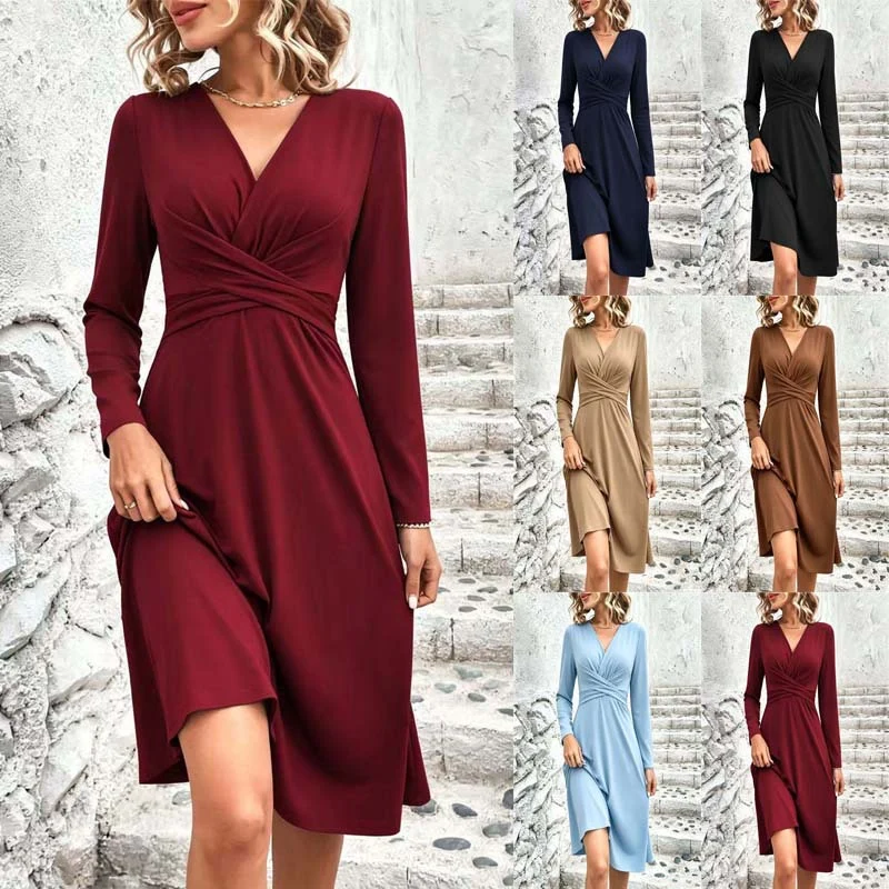 Damen Wickel-Midikleid mit V-Ausschnitt und taillierter Drapierung Nord Taschen