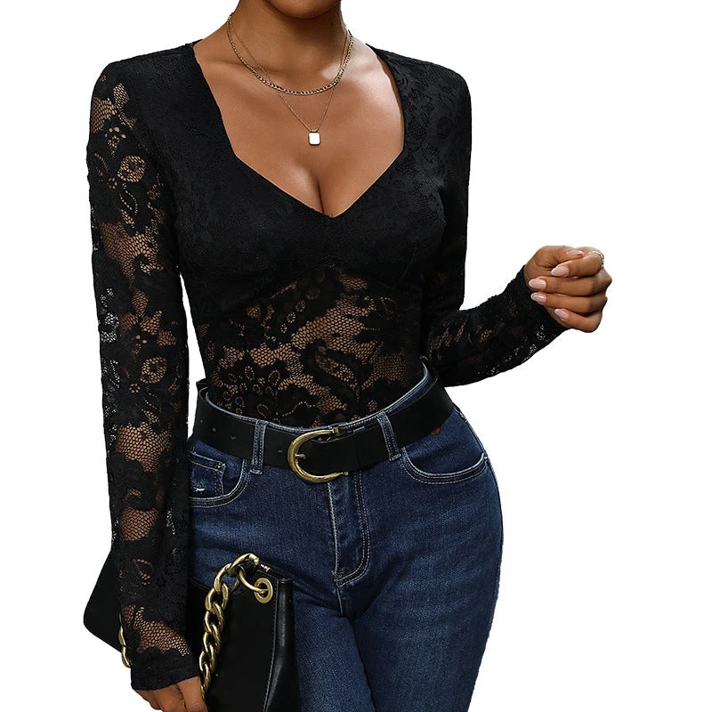 Damen Figurbetonter Spitzen-Body mit tiefem Dekolleté und transparenten Langärmeln Nord Taschen