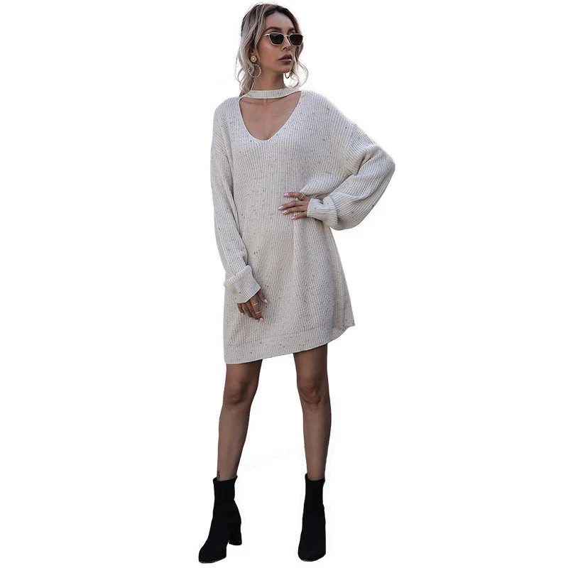 Damen Gestricktes Mini-Strickkleid mit V‑Ausschnitt, Choker‑Detail und Ballonärmeln Nord Taschen