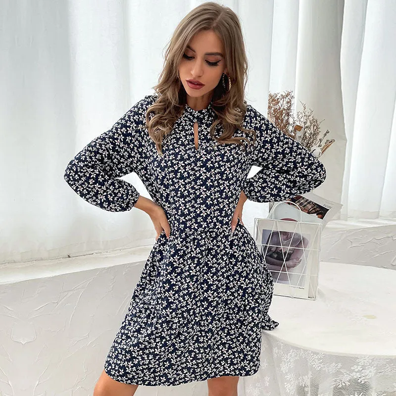 Damen Gestuftes Minikleid mit Stehkragen, Blumenprint und taillierter A‑Linie Nord Taschen