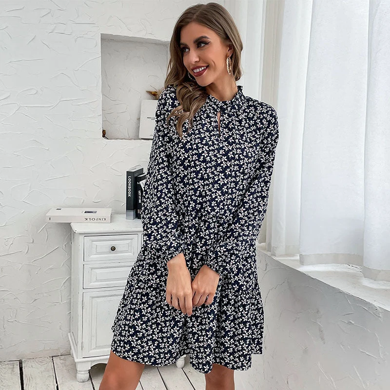Damen Gestuftes Minikleid mit Stehkragen, Blumenprint und taillierter A‑Linie Nord Taschen