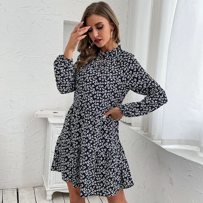 Damen Gestuftes Minikleid mit Stehkragen, Blumenprint und taillierter A‑Linie Nord Taschen