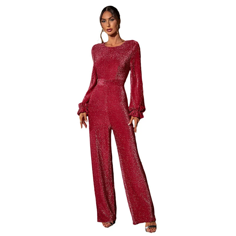 Damen Glitzernder Abend-Jumpsuit mit voluminösen Rüschenärmeln und weitem Bein Nord Taschen