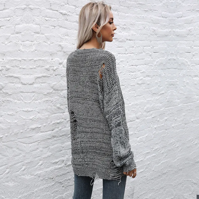 Damen Grobgestrickter Oversize-Pullover mit offenen Maschen, rohem Saum und Rundhalsausschnitt Nord Taschen