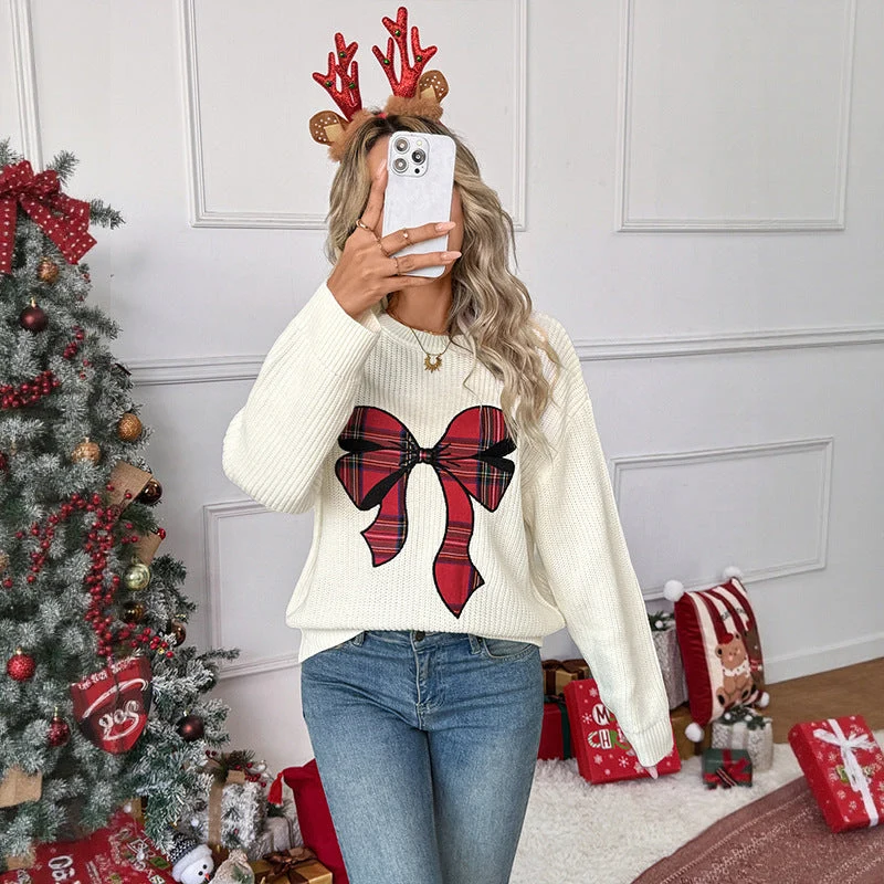 Damen Grobgestrickter Rundhals-Pullover mit großem Karoschleifen-Print Nord Taschen