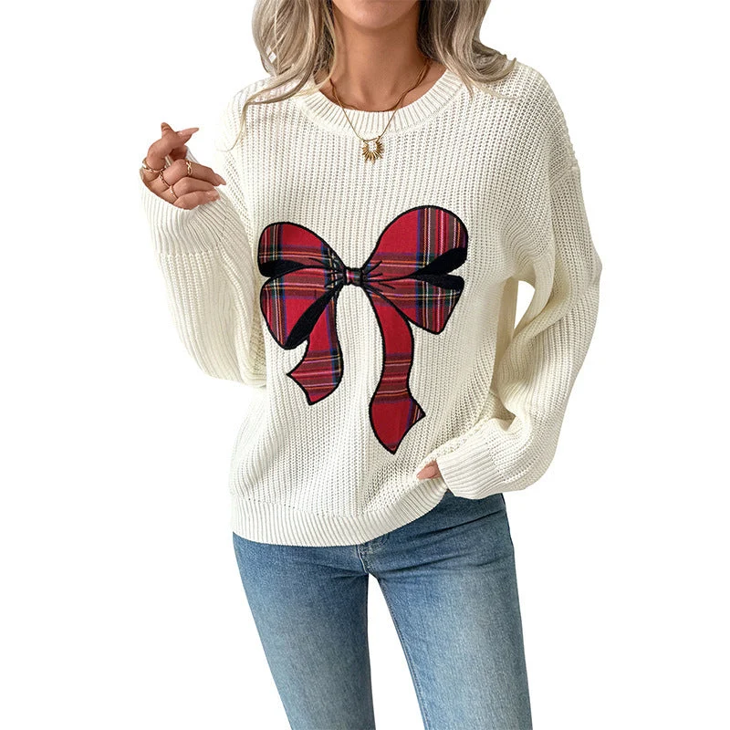 Damen Grobgestrickter Rundhals-Pullover mit großem Karoschleifen-Print Nord Taschen