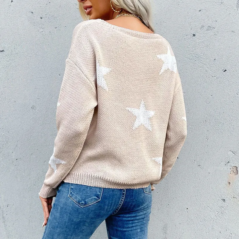 Damen grobgestrickter Sternmotiv-Pullover mit destroyed Saum Nord Taschen
