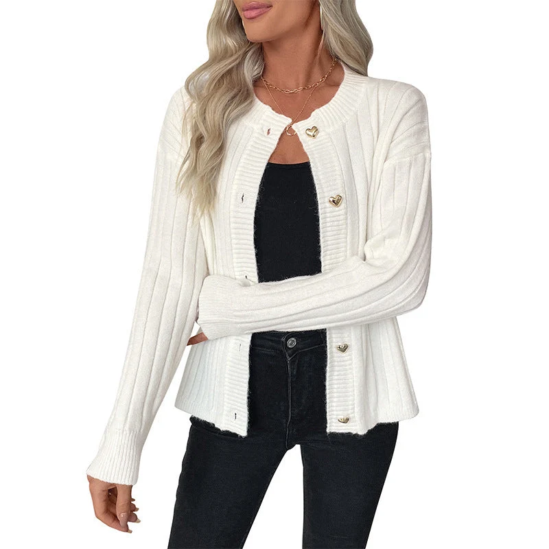 Damen Feinstrick-Cardigan mit Rippenstruktur und herzförmigen Zierknöpfen Nord Taschen