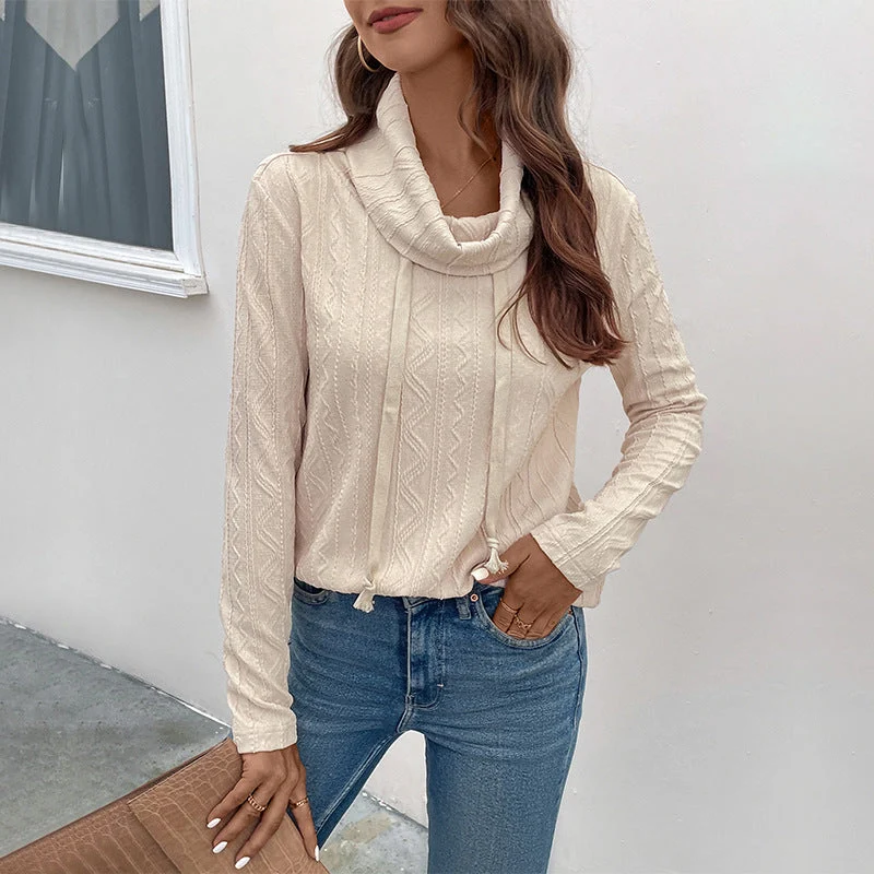 Damen Feinstrick-Cowlneck-Pullover mit Kordelzug und Zopfstrick-Detail Nord Taschen