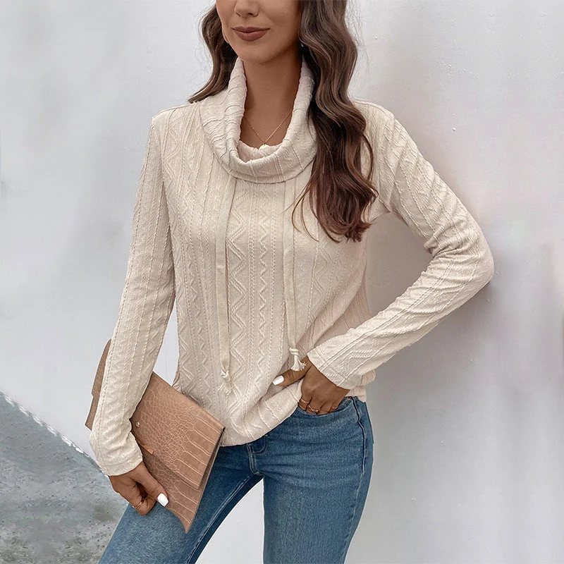 Damen Feinstrick-Cowlneck-Pullover mit Kordelzug und Zopfstrick-Detail Nord Taschen