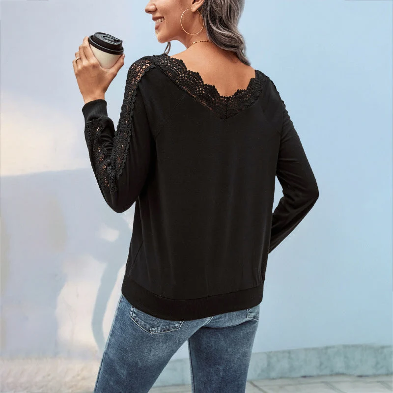 Damen Feinstrick-Longsleeve mit Spitzen-V-Ausschnitt und Spitzenbesatz an den Ärmeln Nord Taschen