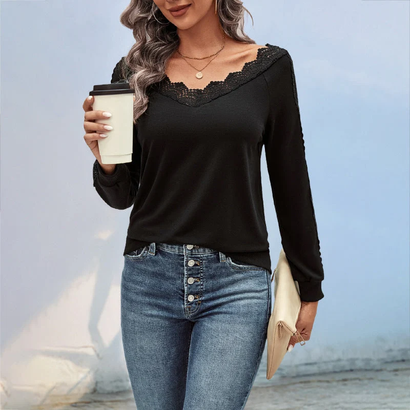 Damen Feinstrick-Longsleeve mit Spitzen-V-Ausschnitt und Spitzenbesatz an den Ärmeln Nord Taschen