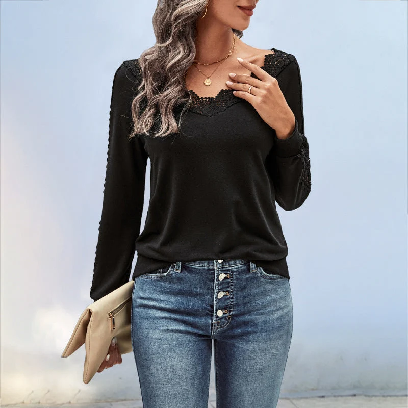 Damen Feinstrick-Longsleeve mit Spitzen-V-Ausschnitt und Spitzenbesatz an den Ärmeln Nord Taschen