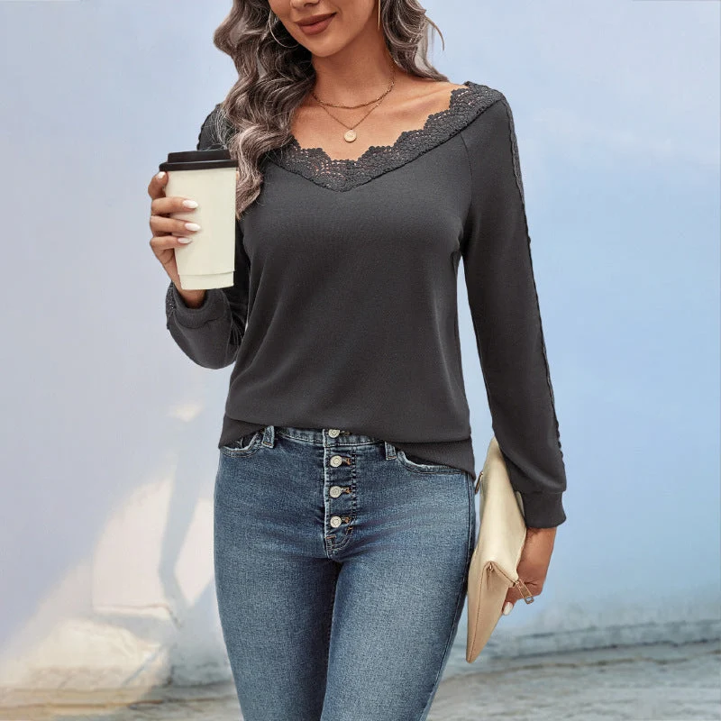 Damen Feinstrick-Longsleeve mit Spitzen-V-Ausschnitt und Spitzenbesatz an den Ärmeln Nord Taschen