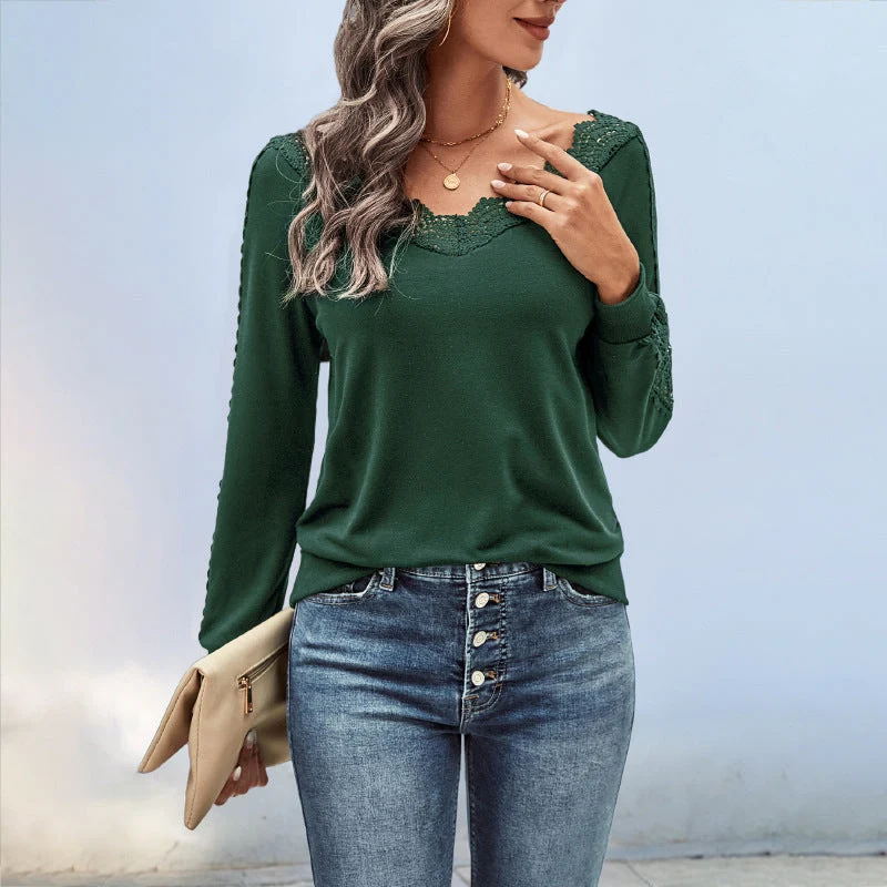 Damen Feinstrick-Longsleeve mit Spitzen-V-Ausschnitt und Spitzenbesatz an den Ärmeln Nord Taschen