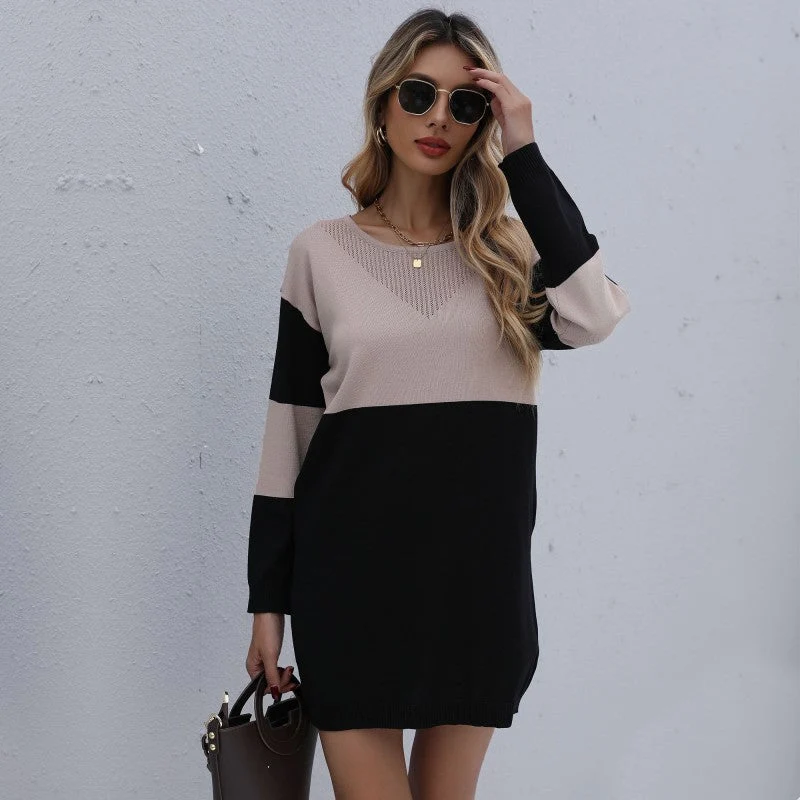 Damen Feinstrick-Minikleid mit Colorblock-Design, V‑Ajour-Ausschnitt und geripptem Saum Nord Taschen