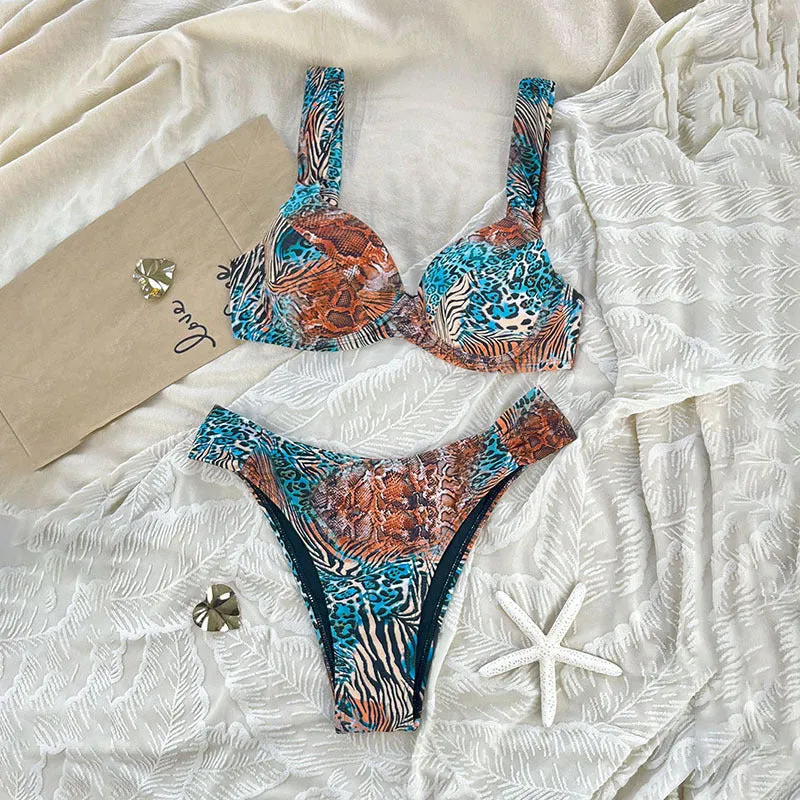 Damen Push-Up Bikini-Set mit femininem Tiermuster