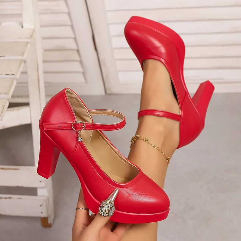 Damen Hochwertige Plateau-Pumps mit verstellbarem Riemen und Schmuckdetails
