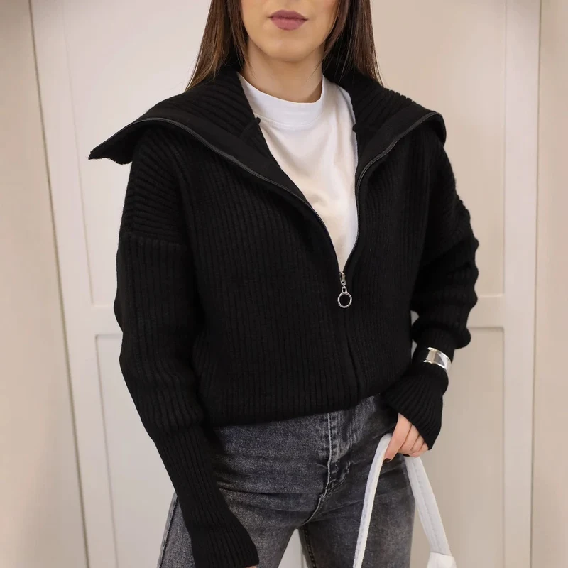Damen Oversize Strickjacke mit Reißverschluss und hohem Kragen Nord Taschen