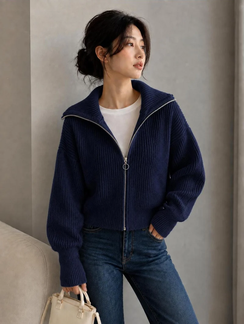 Damen Oversize Strickjacke mit Reißverschluss und hohem Kragen Nord Taschen