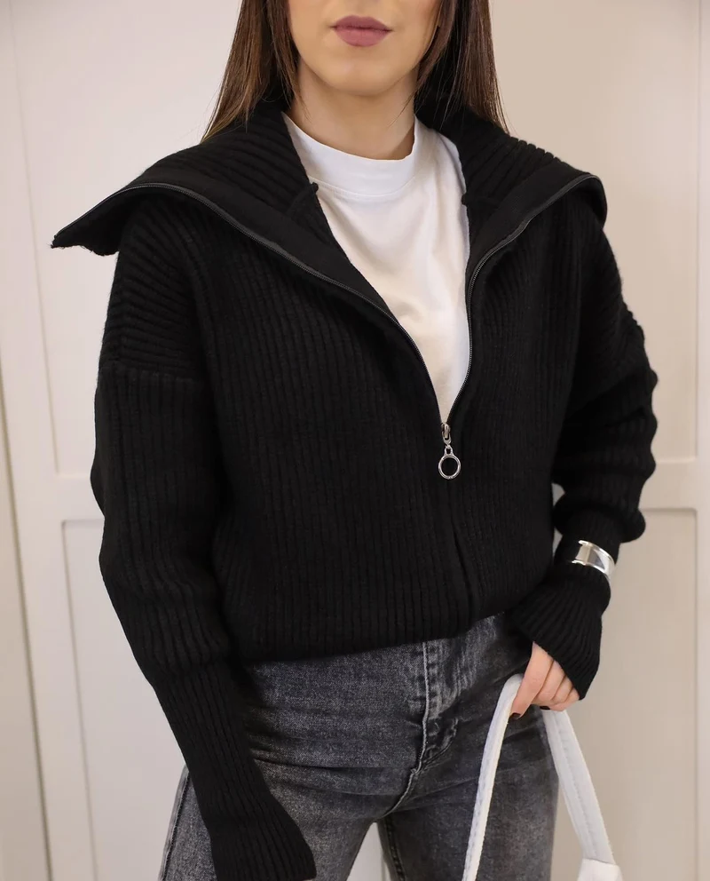 Damen Oversize Strickjacke mit Reißverschluss und hohem Kragen Nord Taschen