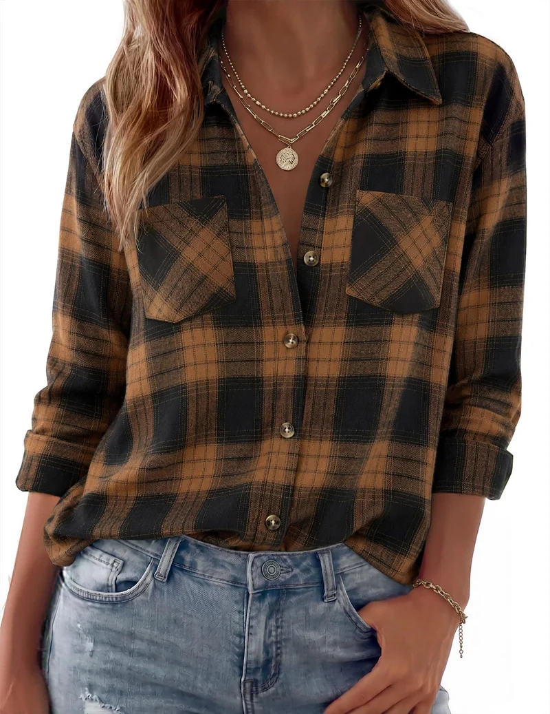 Damen Karierte Oversize-Hemdjacke aus Flanell mit Brusttaschen Nord Taschen
