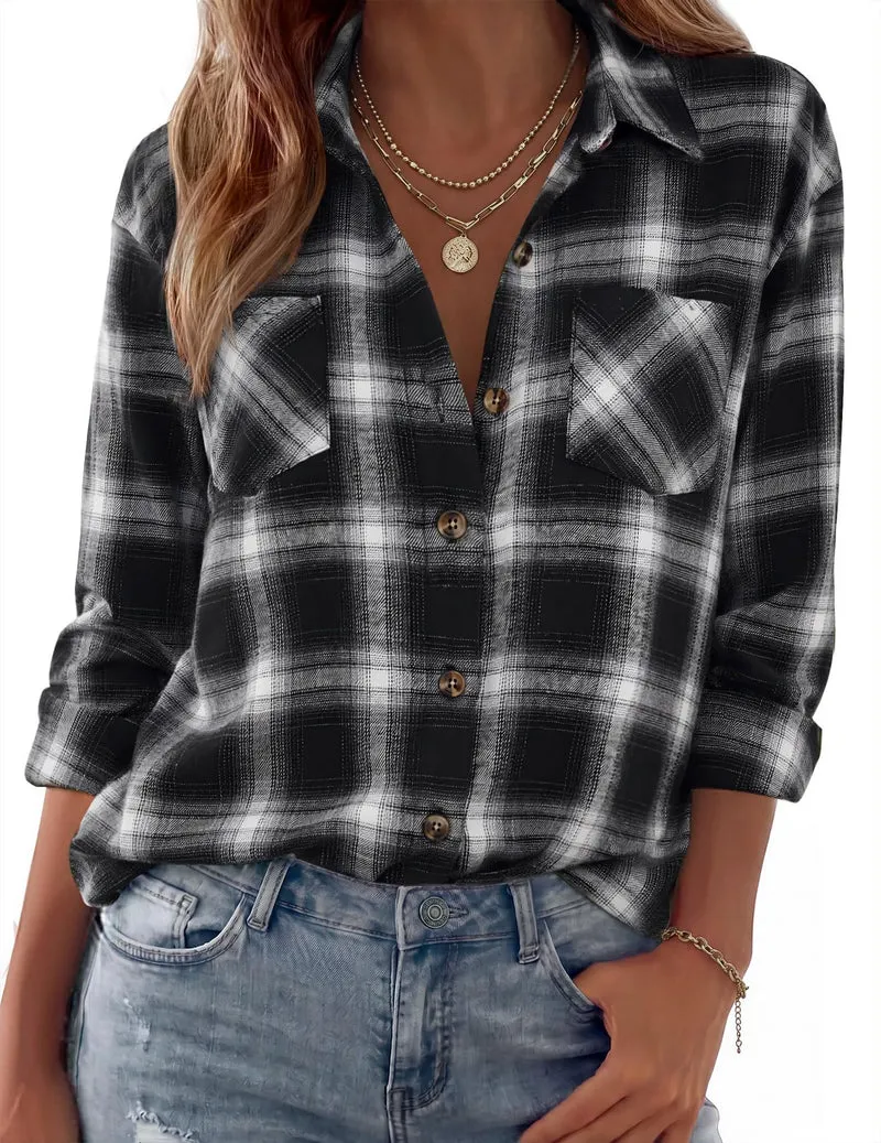 Damen Karierte Oversize-Hemdjacke aus Flanell mit Brusttaschen Nord Taschen