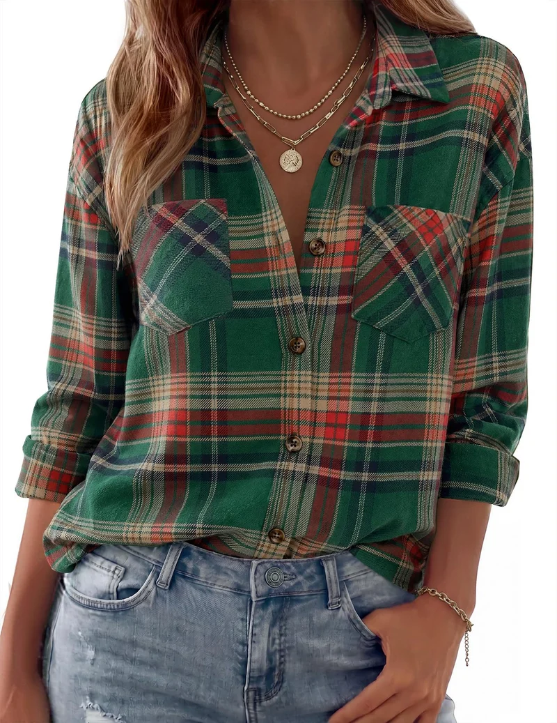 Damen Karierte Oversize-Hemdjacke aus Flanell mit Brusttaschen Nord Taschen