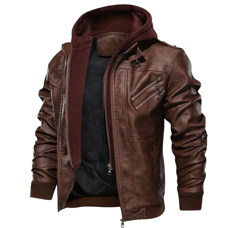 Herren Stylische Lederjacke mit abnehmbarer Kapuze Nord Taschen
