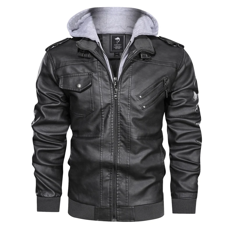 Herren Stylische Lederjacke mit abnehmbarer Kapuze Nord Taschen