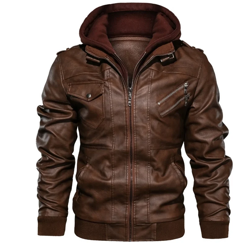 Herren Stylische Lederjacke mit abnehmbarer Kapuze Nord Taschen