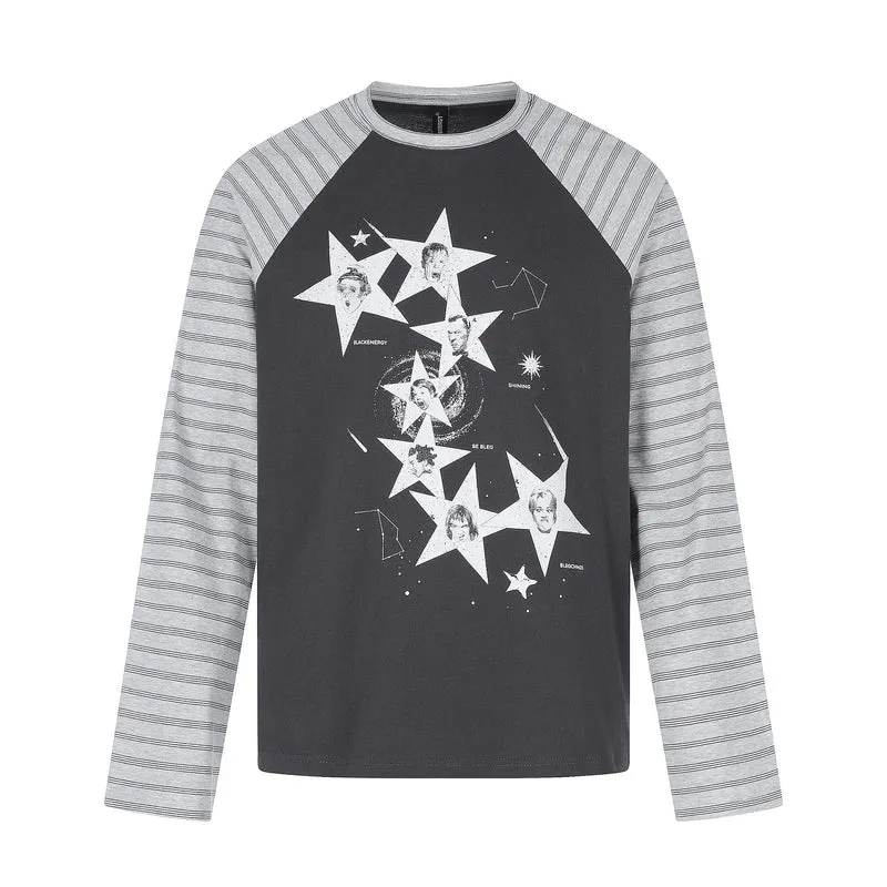Herren Langarmshirt im Raglanstil mit großflächigem Stern-Print und gestreiften Ärmeln Nord Taschen